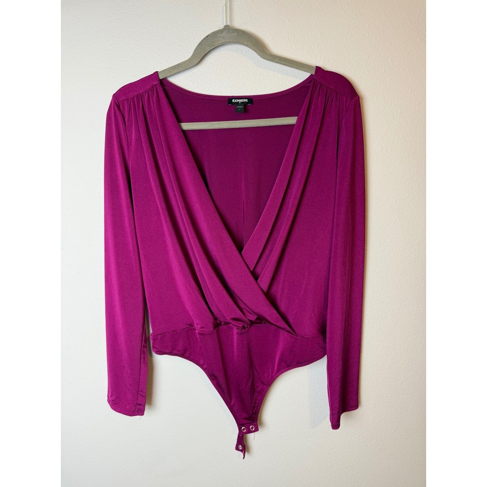 Express Womens Magenta Purple Wrap Deep V-Neck Long Sleeve Bodysuit Large‎ L